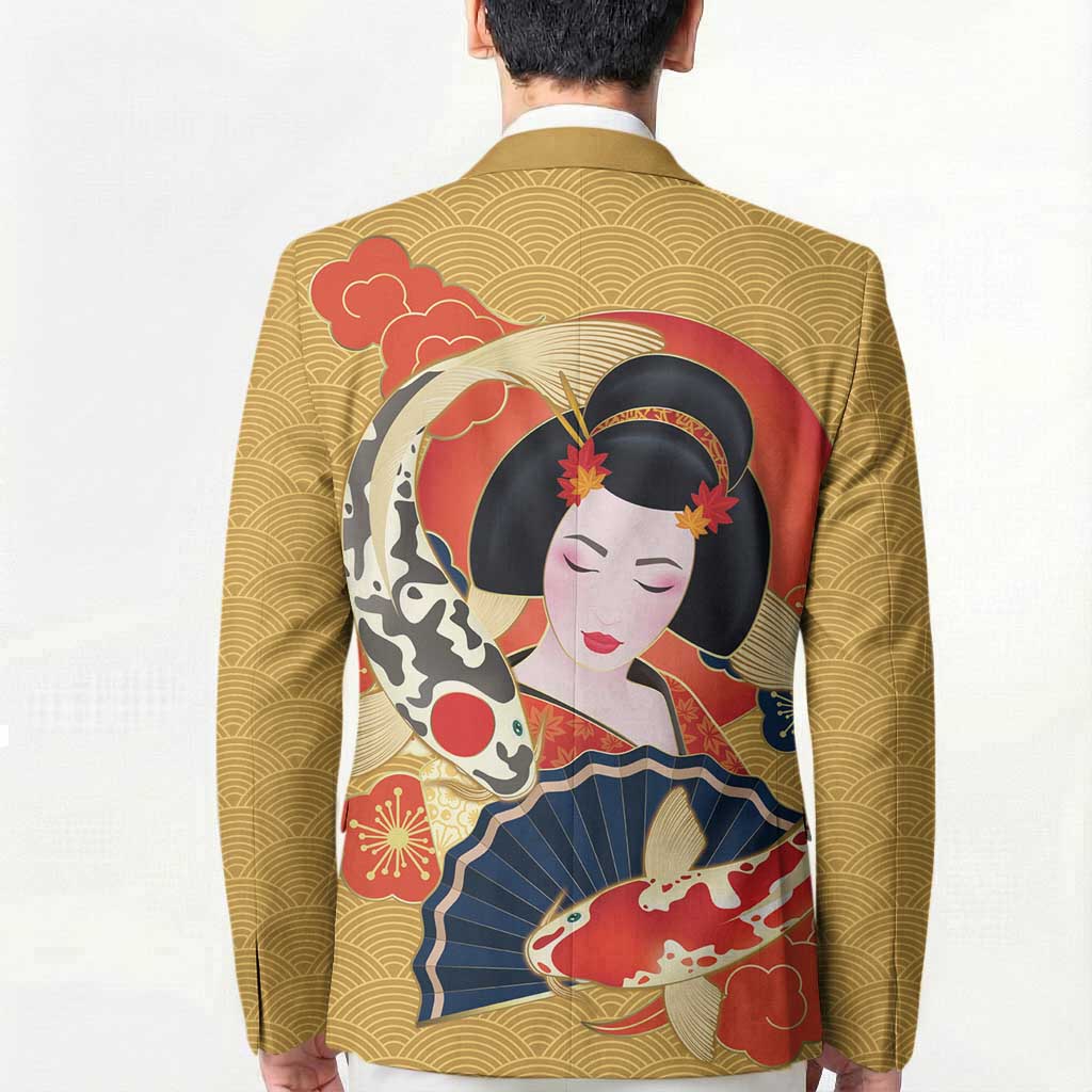Japanese Geisha Koi Fish Blazer Cherry Blossoms Yellow Seigaiha Pattern LT14 - Polynesian Pride