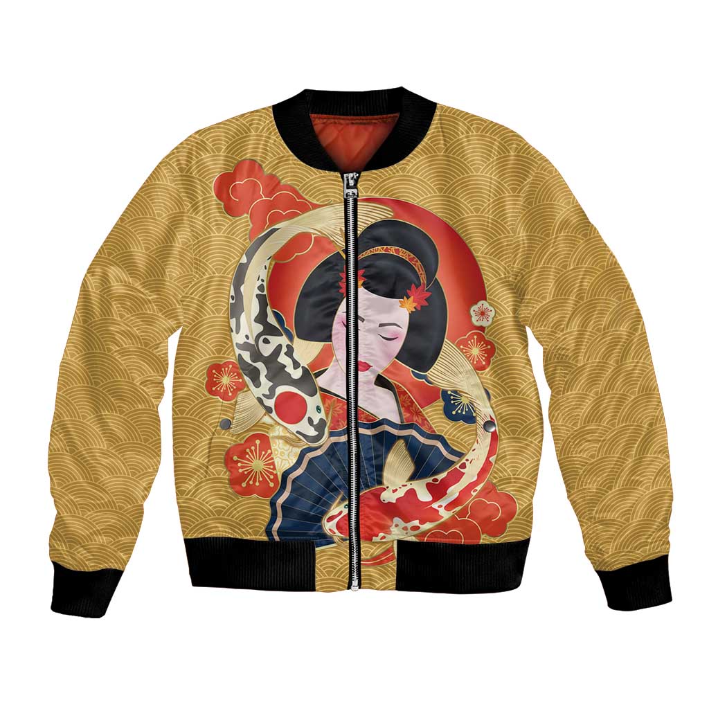 Japanese Geisha Koi Fish Bomber Jacket Cherry Blossoms Yellow Seigaiha Pattern LT14 Unisex Yellow - Polynesian Pride