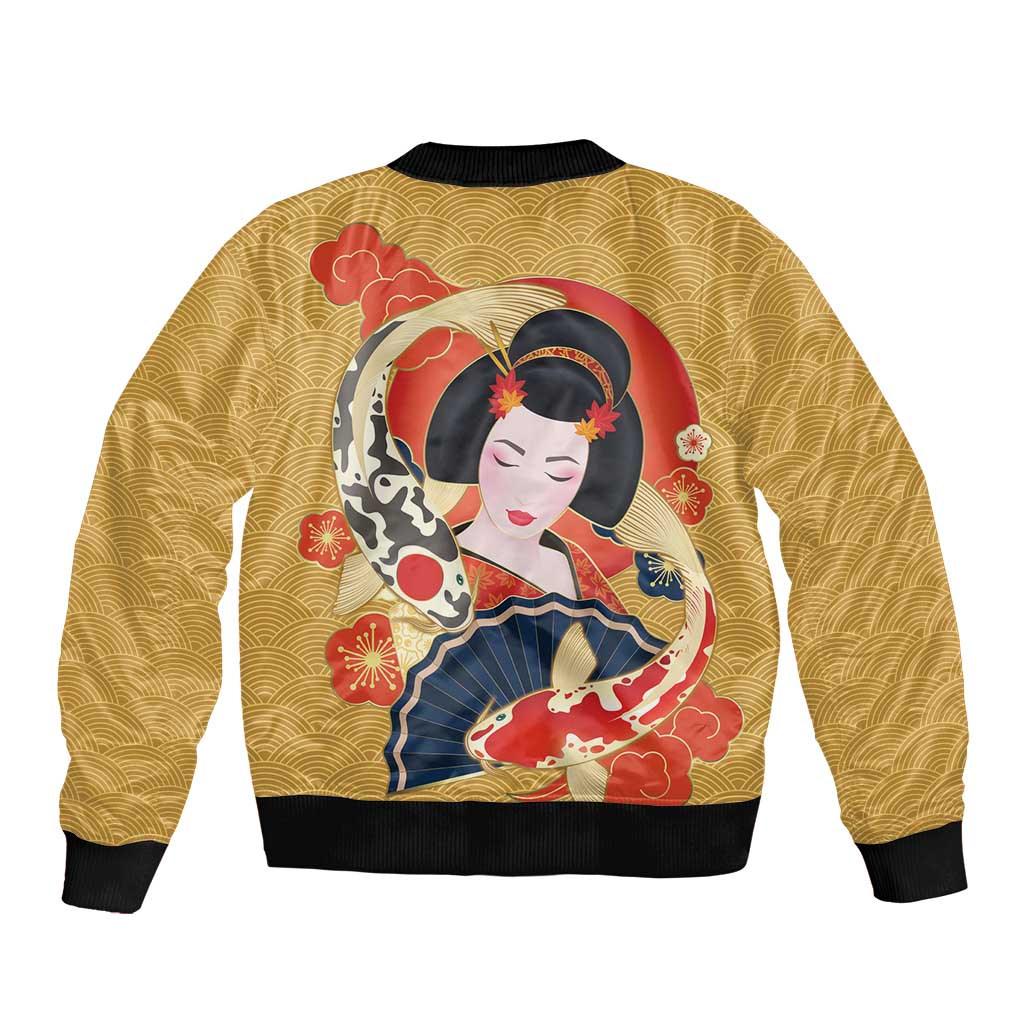 Japanese Geisha Koi Fish Bomber Jacket Cherry Blossoms Yellow Seigaiha Pattern LT14 - Polynesian Pride