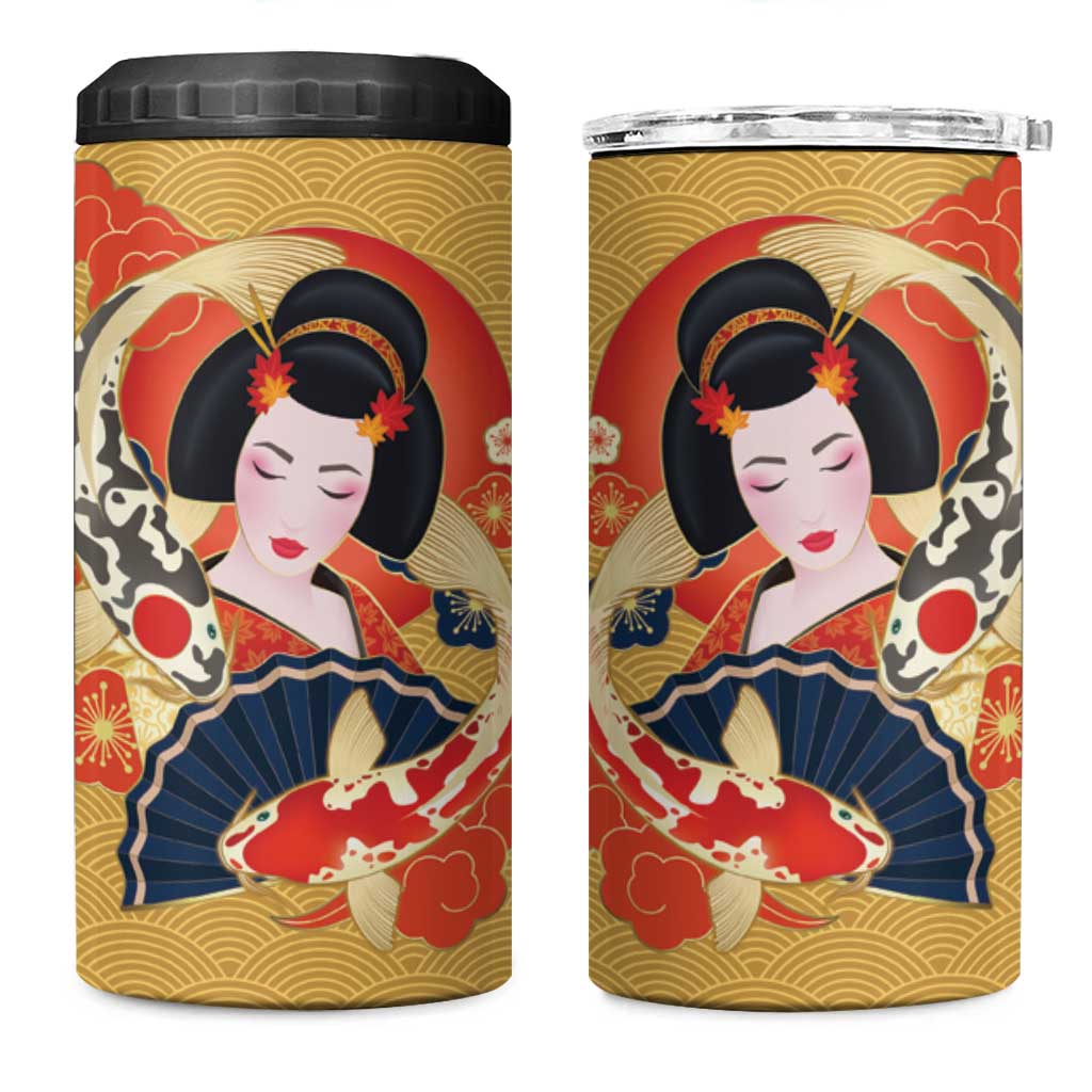 Japanese Geisha Koi Fish 4 in 1 Can Cooler Tumbler Cherry Blossoms Yellow Seigaiha Pattern LT14 One Size: 16 oz Yellow - Polynesian Pride