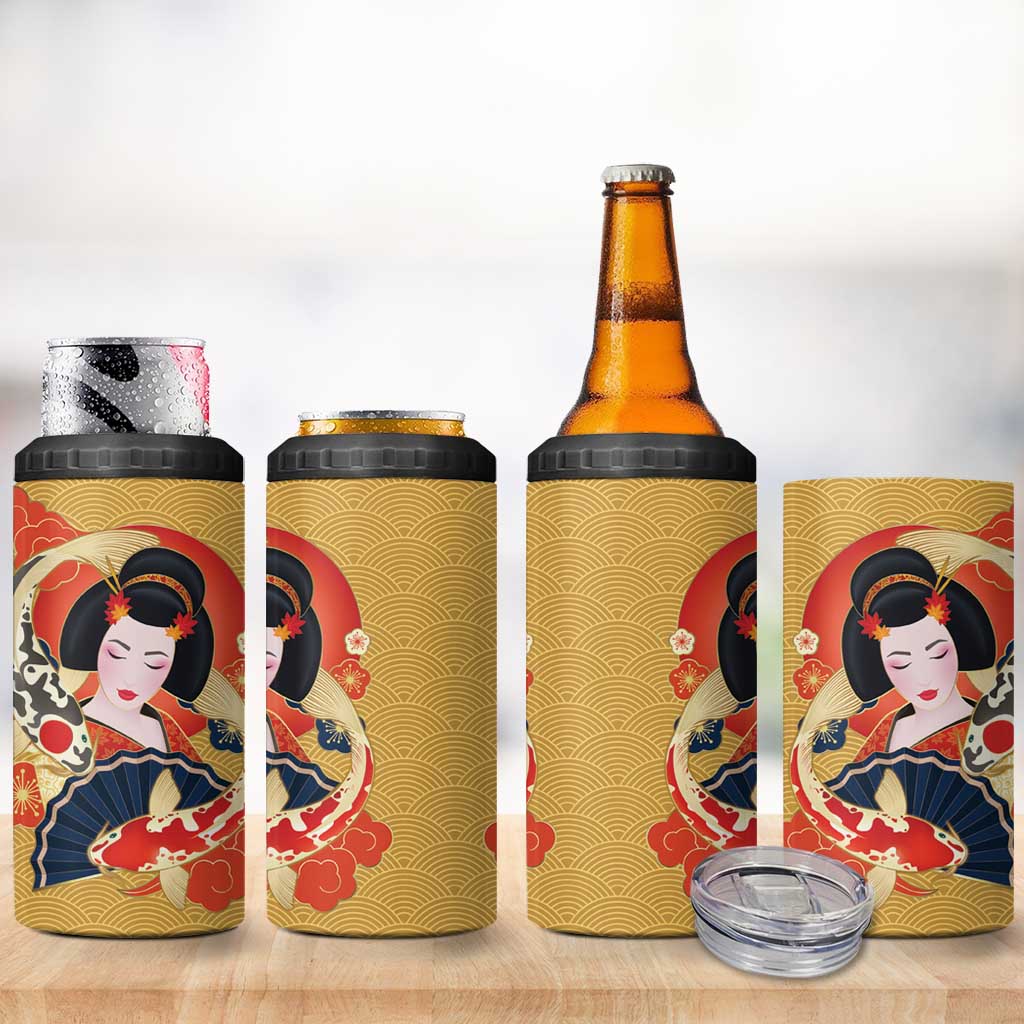 Japanese Geisha Koi Fish 4 in 1 Can Cooler Tumbler Cherry Blossoms Yellow Seigaiha Pattern LT14 - Polynesian Pride