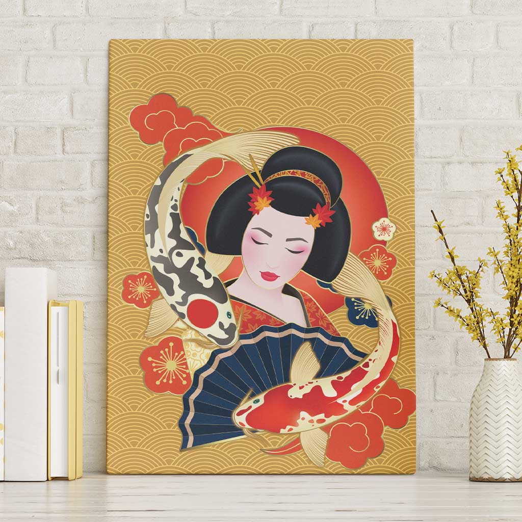 Japanese Geisha Koi Fish Canvas Wall Art Cherry Blossoms Yellow Seigaiha Pattern LT14 Without Frame Yellow - Polynesian Pride