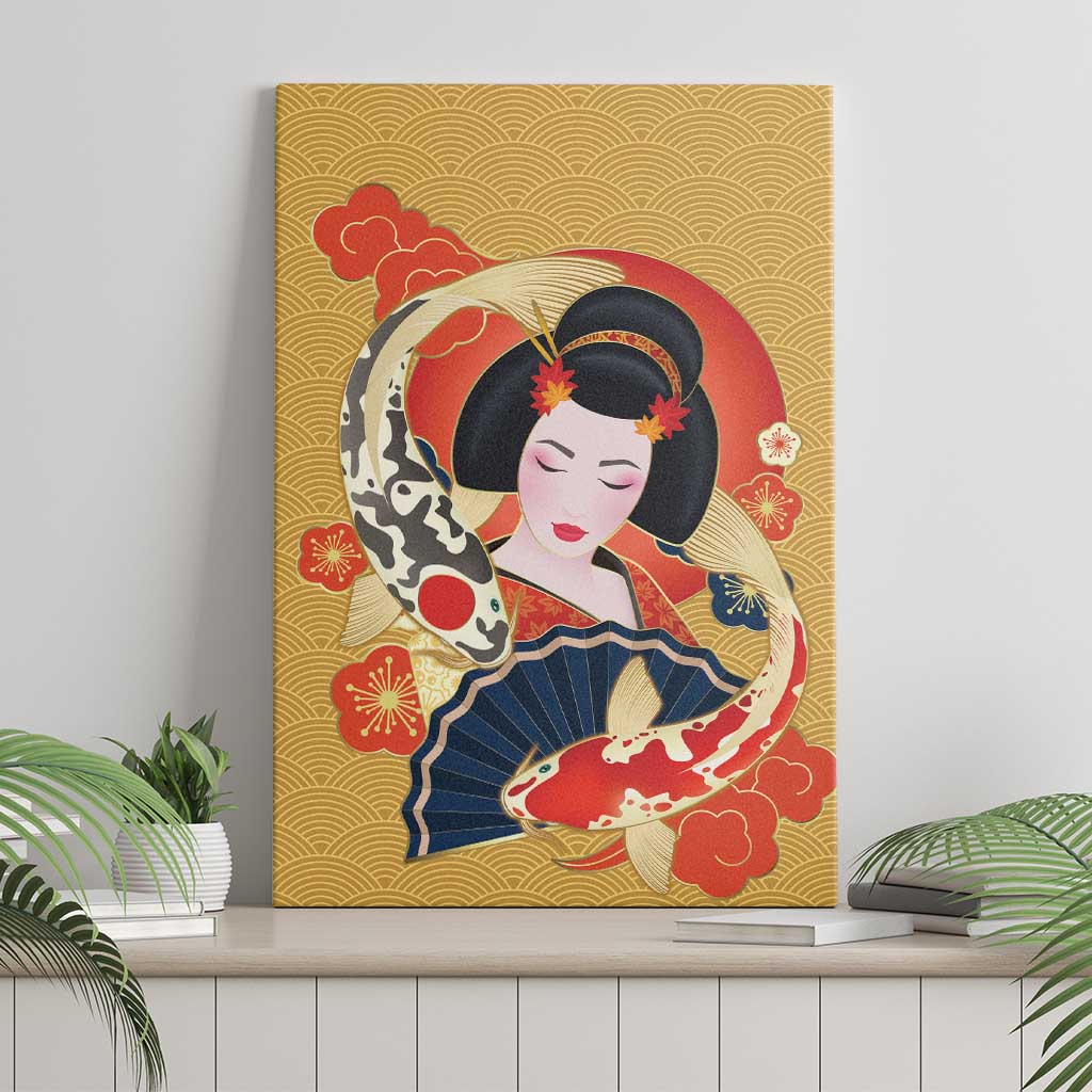Japanese Geisha Koi Fish Canvas Wall Art Cherry Blossoms Yellow Seigaiha Pattern LT14 - Polynesian Pride