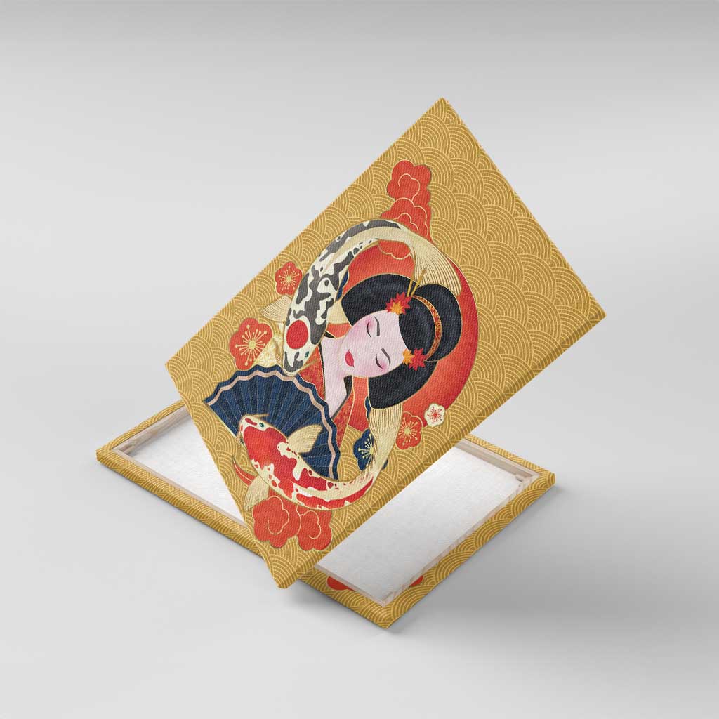 Japanese Geisha Koi Fish Canvas Wall Art Cherry Blossoms Yellow Seigaiha Pattern LT14 With Frame Yellow - Polynesian Pride
