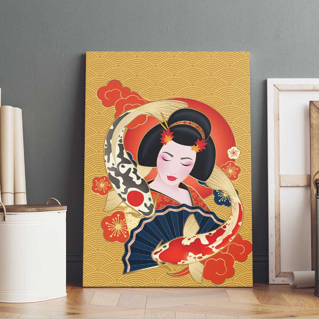 Japanese Geisha Koi Fish Canvas Wall Art Cherry Blossoms Yellow Seigaiha Pattern LT14 - Polynesian Pride
