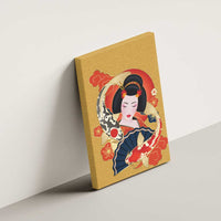 Japanese Geisha Koi Fish Canvas Wall Art Cherry Blossoms Yellow Seigaiha Pattern LT14 - Polynesian Pride