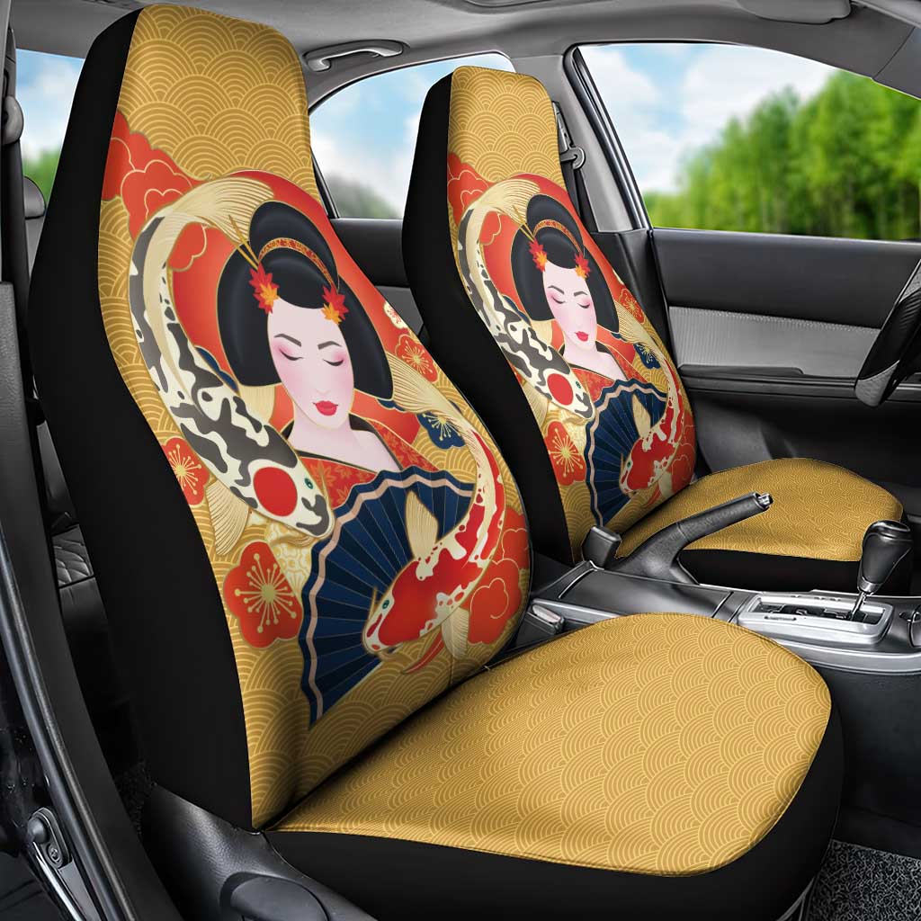 Japanese Geisha Koi Fish Car Seat Cover Cherry Blossoms Yellow Seigaiha Pattern - Polynesian Pride