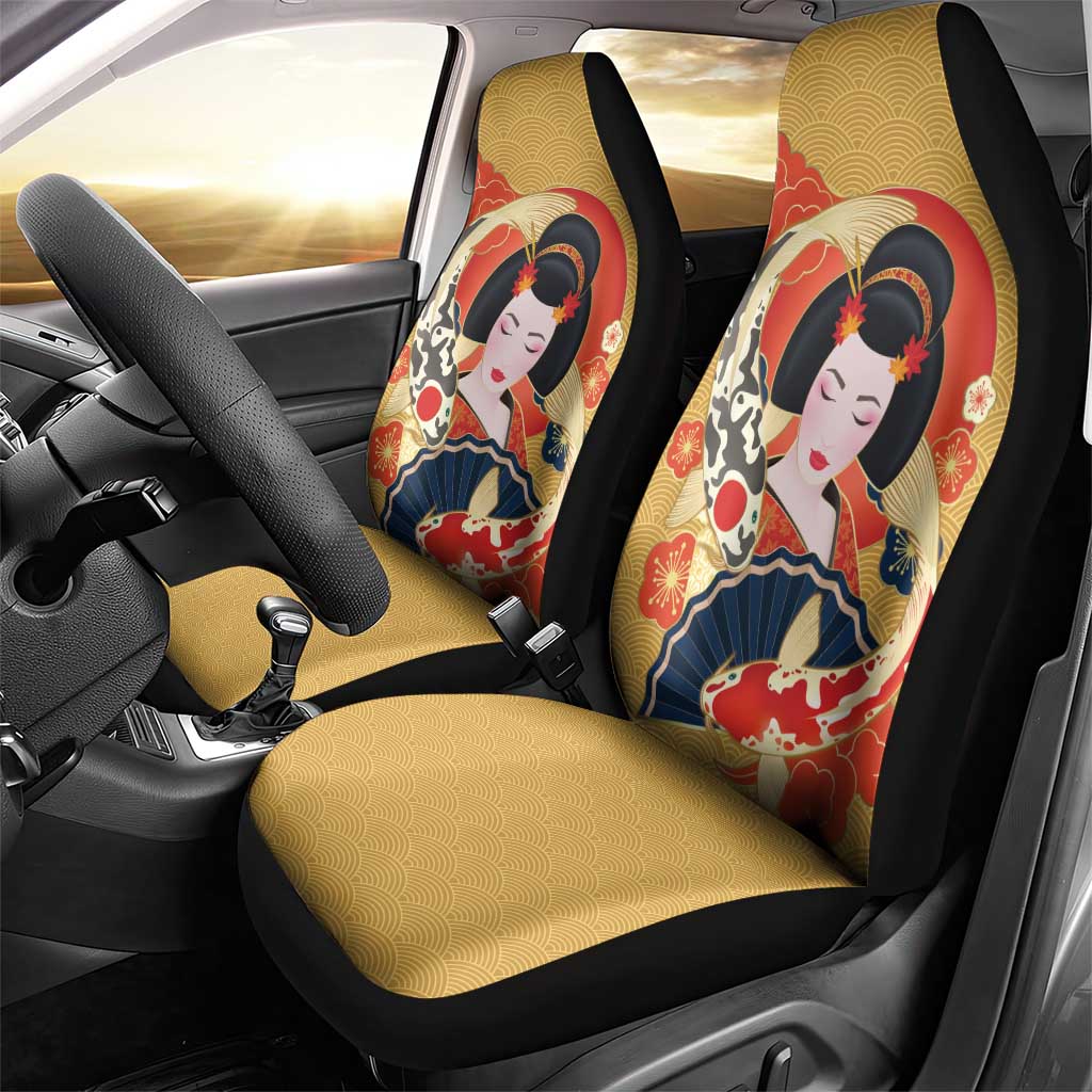 Japanese Geisha Koi Fish Car Seat Cover Cherry Blossoms Yellow Seigaiha Pattern - Polynesian Pride