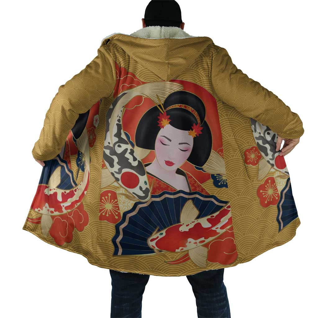 Japanese Geisha Koi Fish Cloak Cherry Blossoms Yellow Seigaiha Pattern LT14 - Polynesian Pride