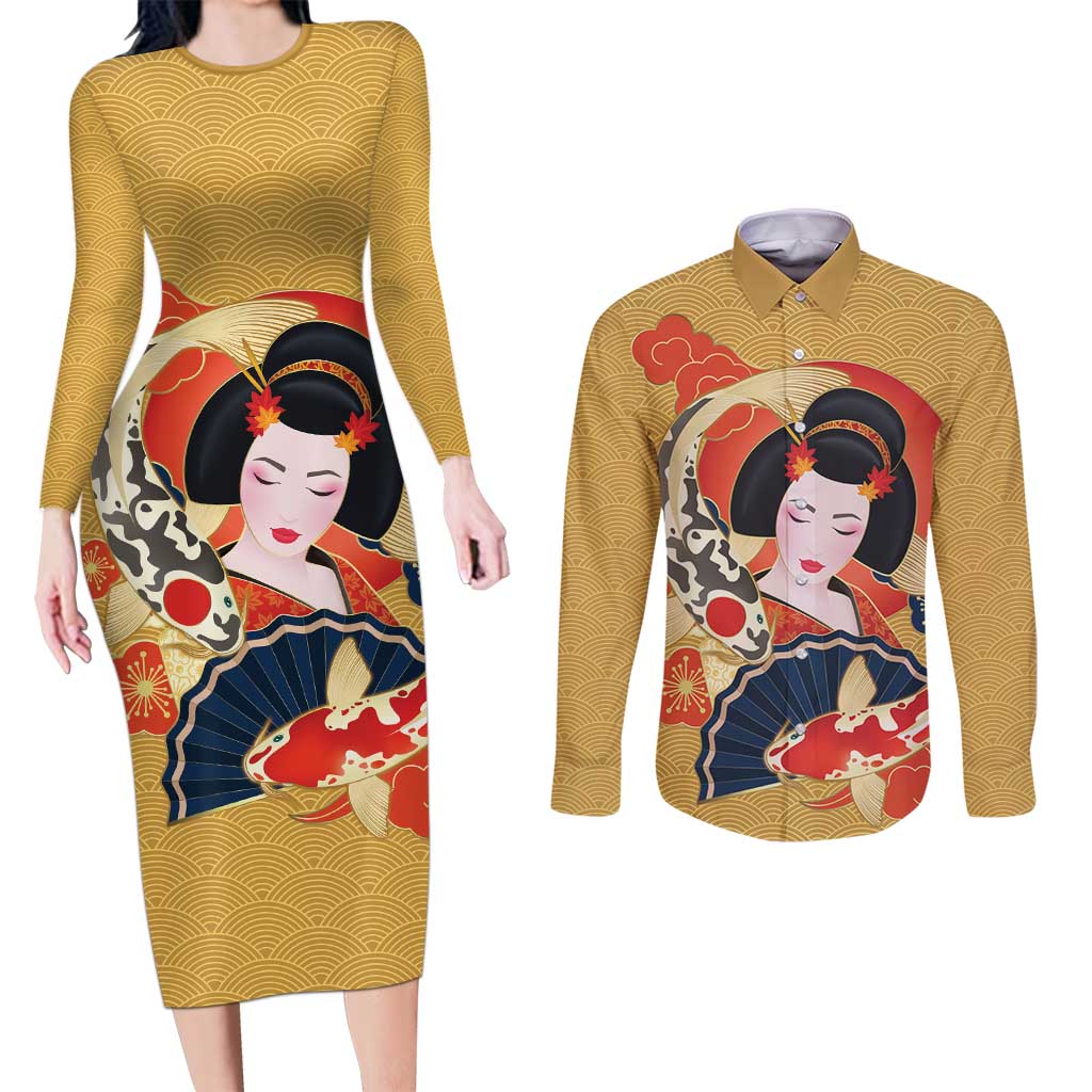 Japanese Geisha Koi Fish Couples Matching Long Sleeve Bodycon Dress and Long Sleeve Button Shirt Cherry Blossoms Yellow Seigaiha Pattern - Polynesian Pride