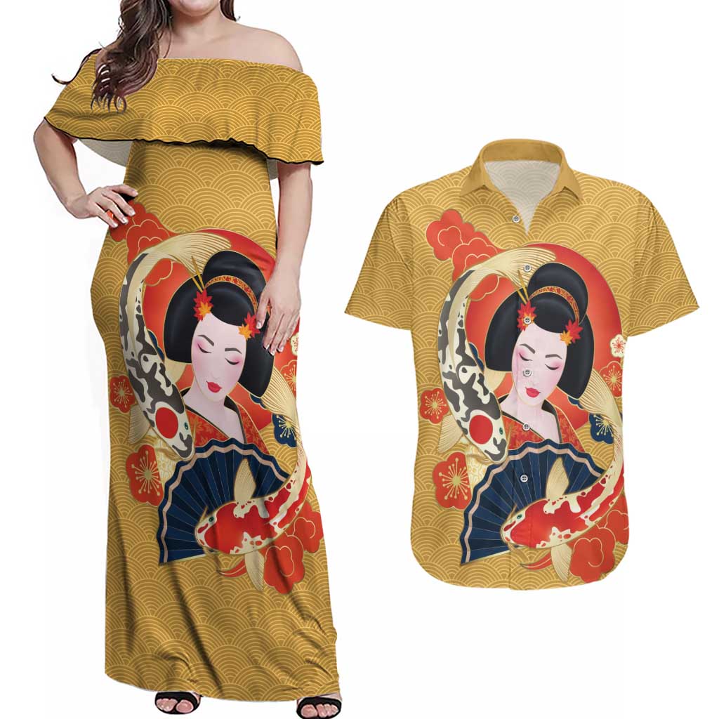 Japanese Geisha Koi Fish Couples Matching Off Shoulder Maxi Dress and Hawaiian Shirt Cherry Blossoms Yellow Seigaiha Pattern LT14 Yellow - Polynesian Pride