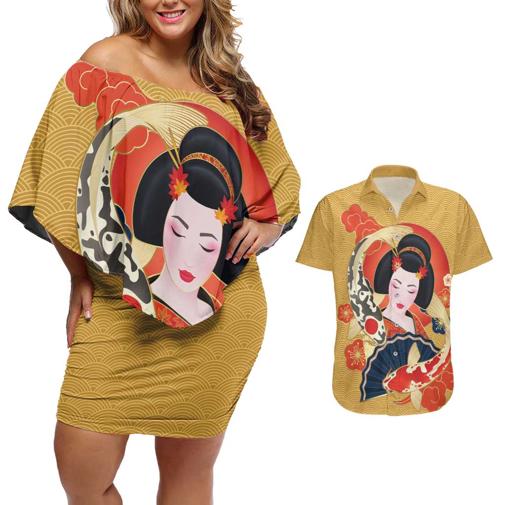 Japanese Geisha Koi Fish Couples Matching Off Shoulder Short Dress and Hawaiian Shirt Cherry Blossoms Yellow Seigaiha Pattern LT14 Yellow - Polynesian Pride