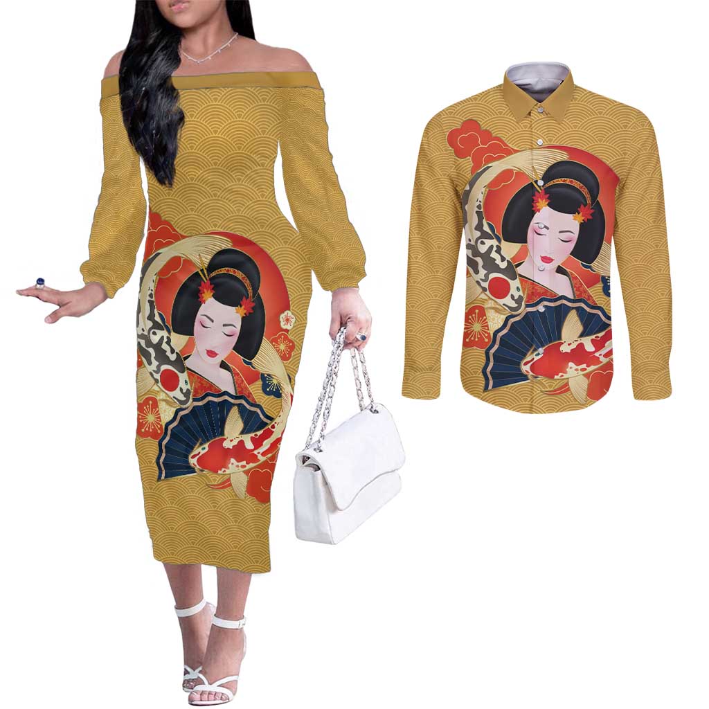 Japanese Geisha Koi Fish Couples Matching Off The Shoulder Long Sleeve Dress and Long Sleeve Button Shirt Cherry Blossoms Yellow Seigaiha Pattern - Polynesian Pride