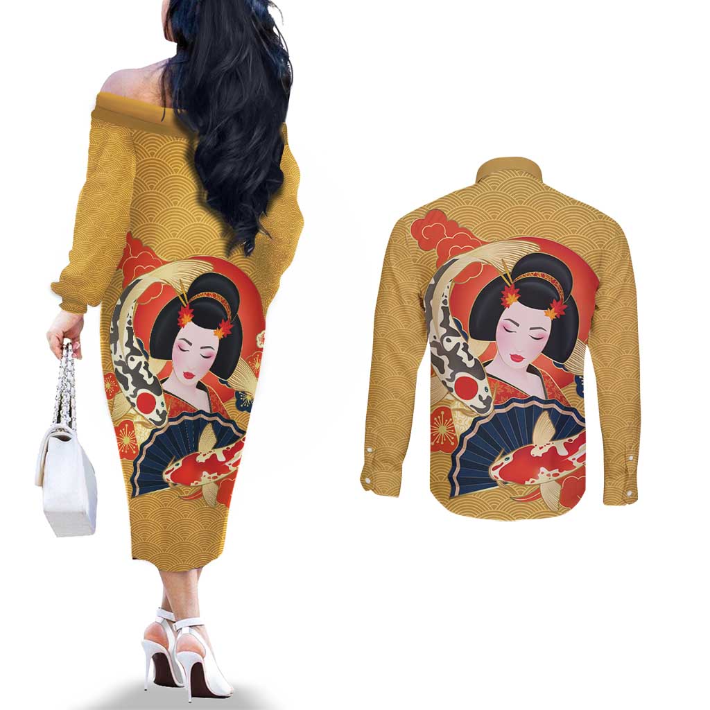Japanese Geisha Koi Fish Couples Matching Off The Shoulder Long Sleeve Dress and Long Sleeve Button Shirt Cherry Blossoms Yellow Seigaiha Pattern - Polynesian Pride