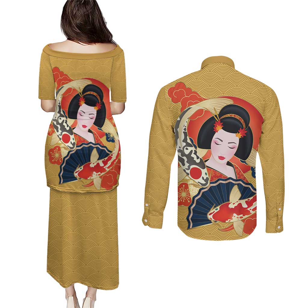 Japanese Geisha Koi Fish Couples Matching Puletasi and Long Sleeve Button Shirt Cherry Blossoms Yellow Seigaiha Pattern LT14 - Polynesian Pride