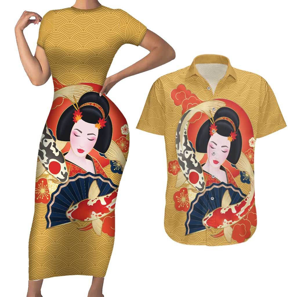 Japanese Geisha Koi Fish Couples Matching Short Sleeve Bodycon Dress and Hawaiian Shirt Cherry Blossoms Yellow Seigaiha Pattern LT14 Yellow - Polynesian Pride