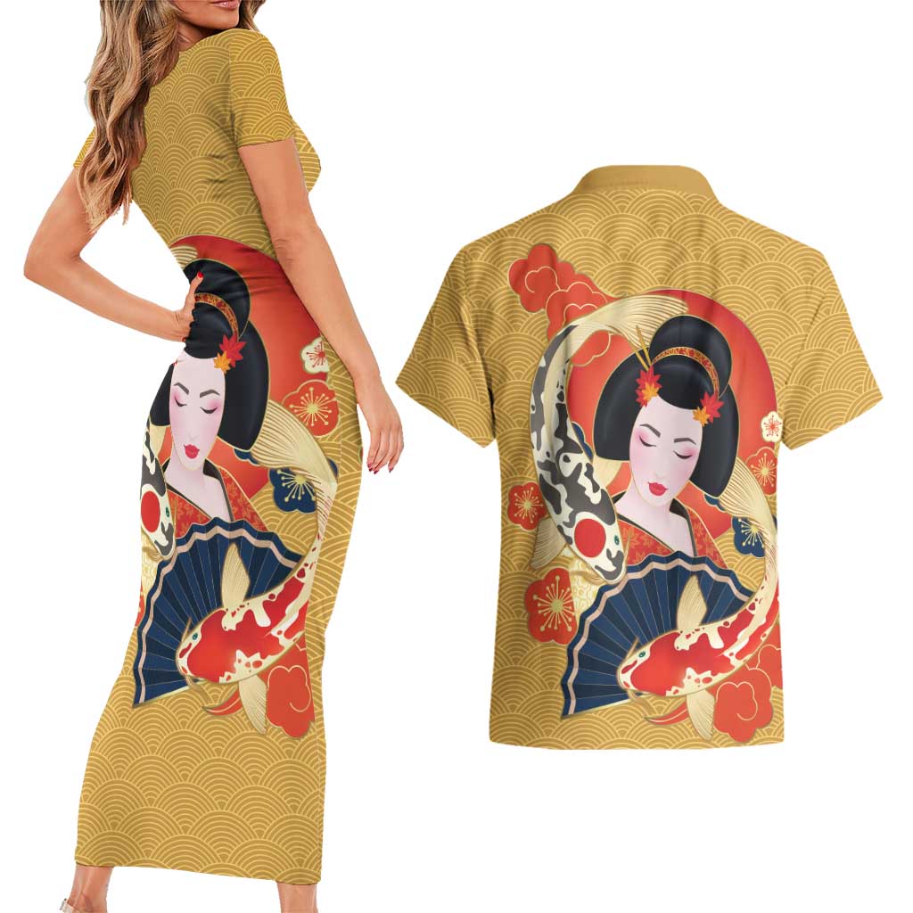 Japanese Geisha Koi Fish Couples Matching Short Sleeve Bodycon Dress and Hawaiian Shirt Cherry Blossoms Yellow Seigaiha Pattern - Polynesian Pride