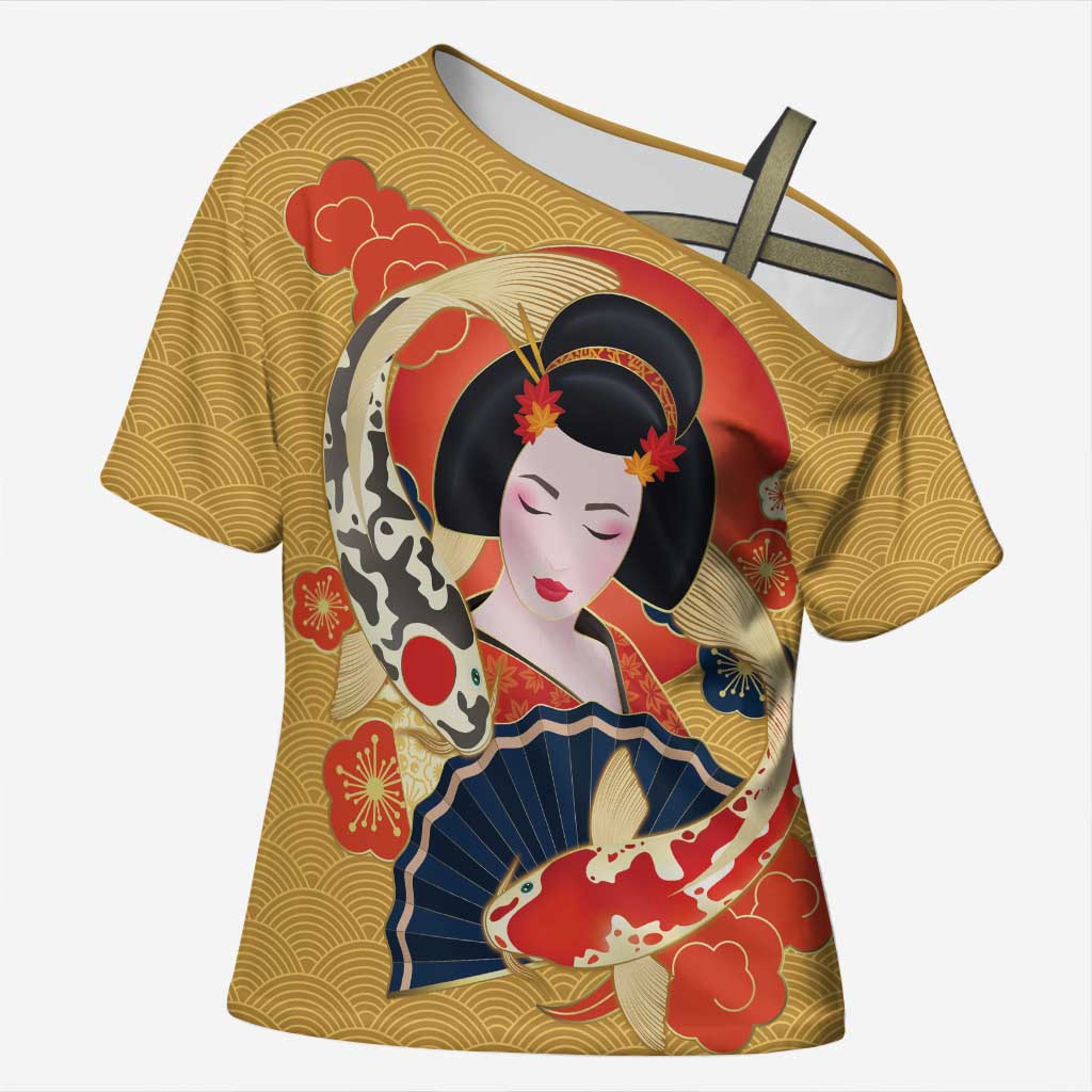 Japanese Geisha Koi Fish Cross Shoulder Shirt Cherry Blossoms Yellow Seigaiha Pattern LT14 Female Yellow - Polynesian Pride