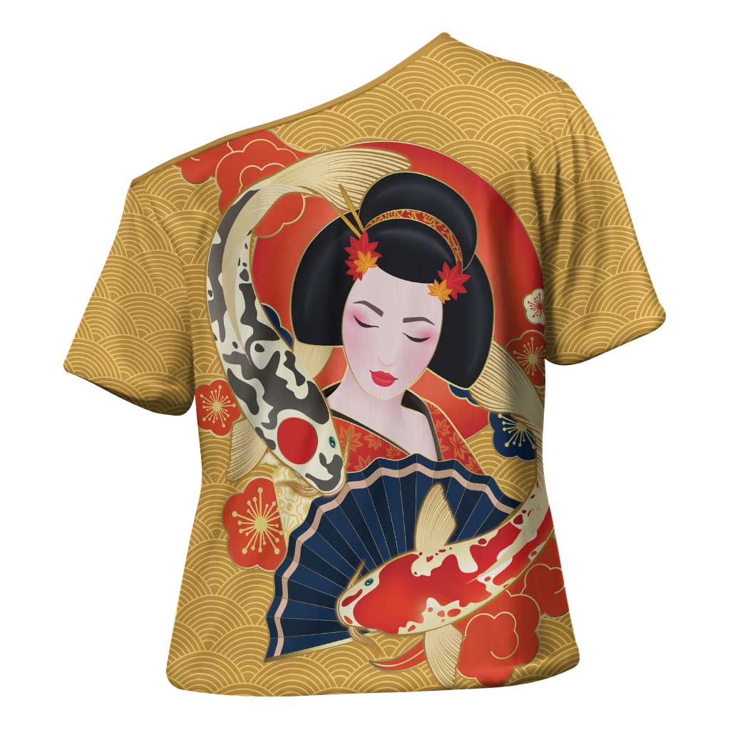 Japanese Geisha Koi Fish Cross Shoulder Shirt Cherry Blossoms Yellow Seigaiha Pattern LT14 - Polynesian Pride