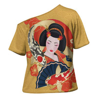 Japanese Geisha Koi Fish Cross Shoulder Shirt Cherry Blossoms Yellow Seigaiha Pattern LT14 - Polynesian Pride