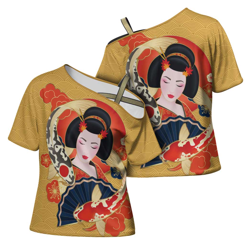 Japanese Geisha Koi Fish Cross Shoulder Shirt Cherry Blossoms Yellow Seigaiha Pattern LT14 - Polynesian Pride