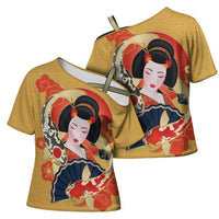 Japanese Geisha Koi Fish Cross Shoulder Shirt Cherry Blossoms Yellow Seigaiha Pattern LT14 - Polynesian Pride