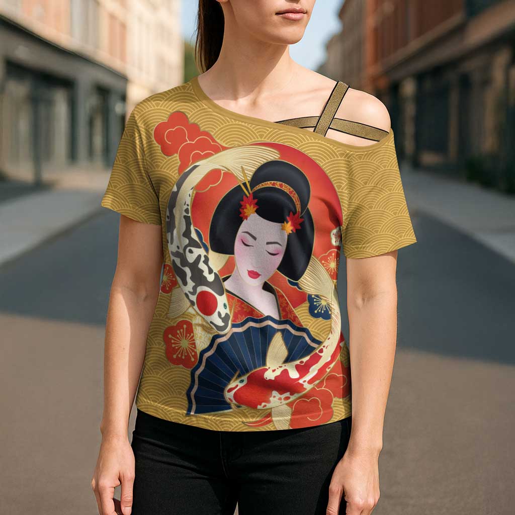 Japanese Geisha Koi Fish Cross Shoulder Shirt Cherry Blossoms Yellow Seigaiha Pattern LT14 - Polynesian Pride