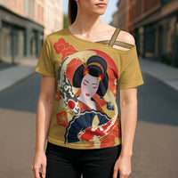 Japanese Geisha Koi Fish Cross Shoulder Shirt Cherry Blossoms Yellow Seigaiha Pattern LT14 - Polynesian Pride