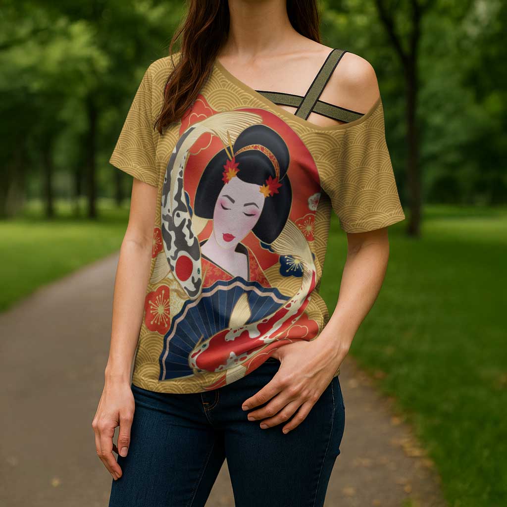 Japanese Geisha Koi Fish Cross Shoulder Shirt Cherry Blossoms Yellow Seigaiha Pattern LT14 - Polynesian Pride
