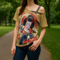 Japanese Geisha Koi Fish Cross Shoulder Shirt Cherry Blossoms Yellow Seigaiha Pattern LT14 - Polynesian Pride