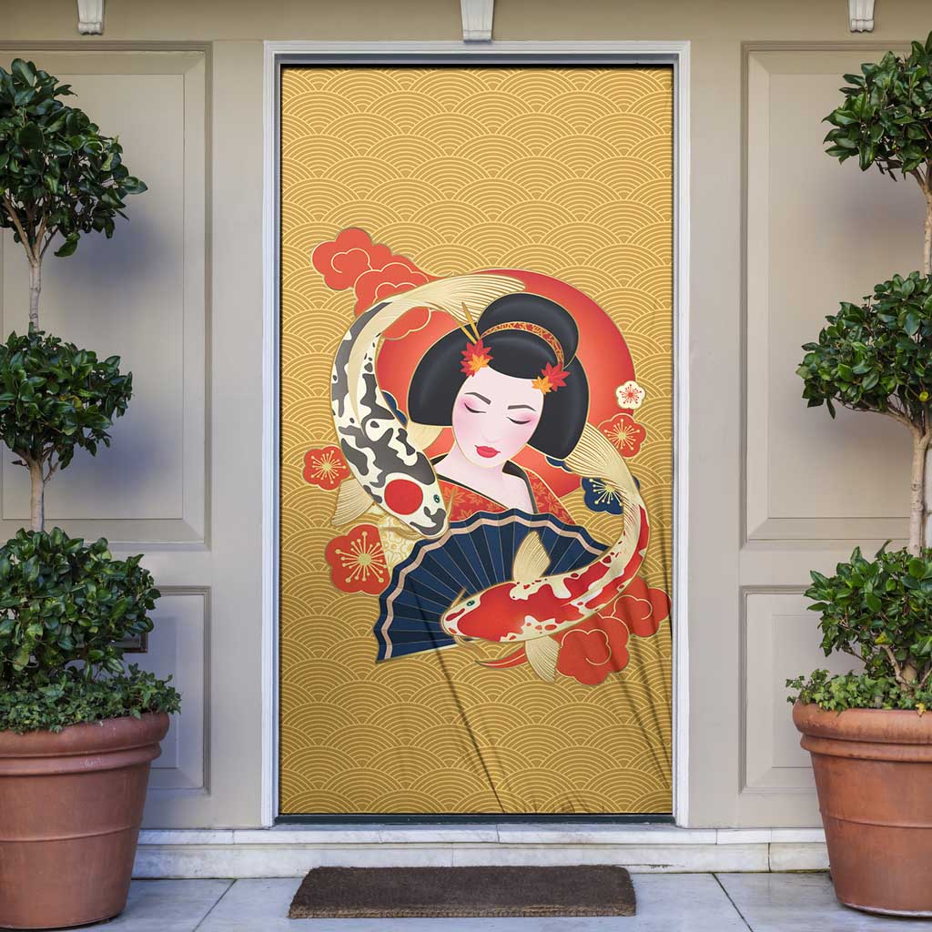 Japanese Geisha Koi Fish Door Cover Cherry Blossoms Yellow Seigaiha Pattern LT14 Yellow - Polynesian Pride