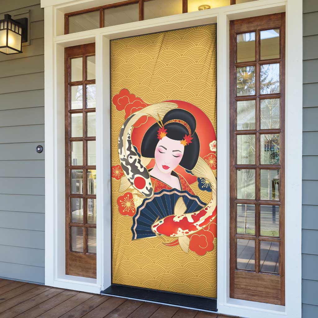 Japanese Geisha Koi Fish Door Cover Cherry Blossoms Yellow Seigaiha Pattern LT14 - Polynesian Pride