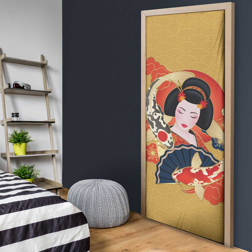 Japanese Geisha Koi Fish Door Cover Cherry Blossoms Yellow Seigaiha Pattern LT14 - Polynesian Pride