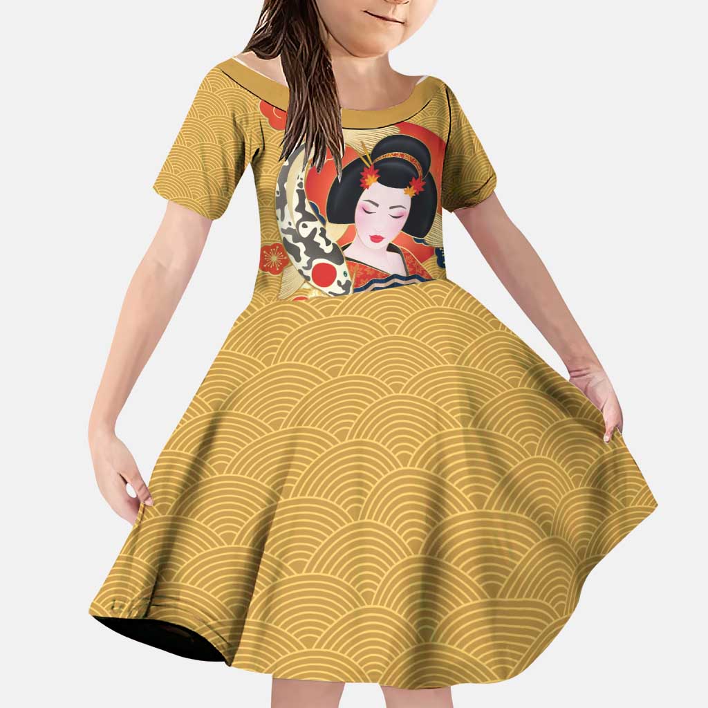 Japanese Geisha Koi Fish Family Matching Long Sleeve Bodycon Dress and Hawaiian Shirt Cherry Blossoms Yellow Seigaiha Pattern - Polynesian Pride