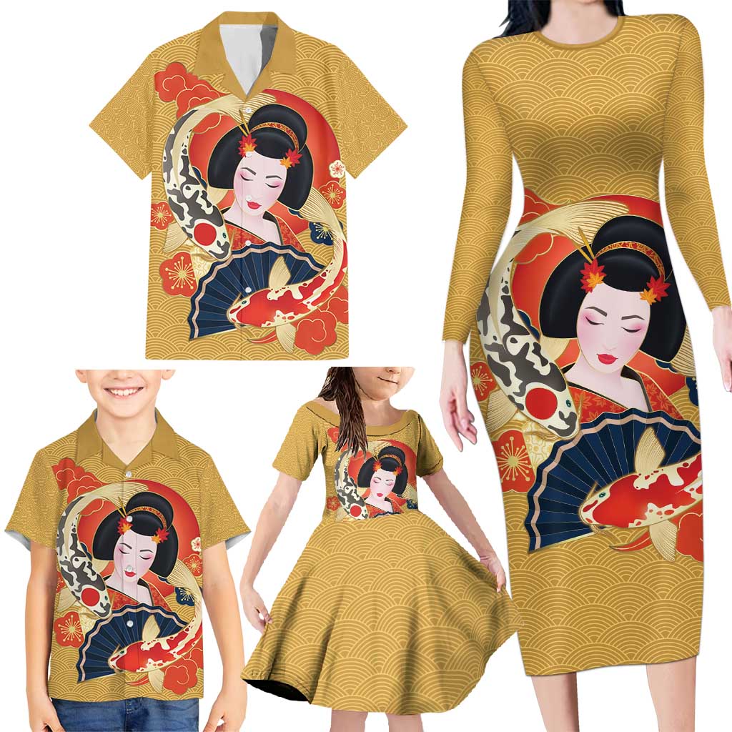 Japanese Geisha Koi Fish Family Matching Long Sleeve Bodycon Dress and Hawaiian Shirt Cherry Blossoms Yellow Seigaiha Pattern - Polynesian Pride