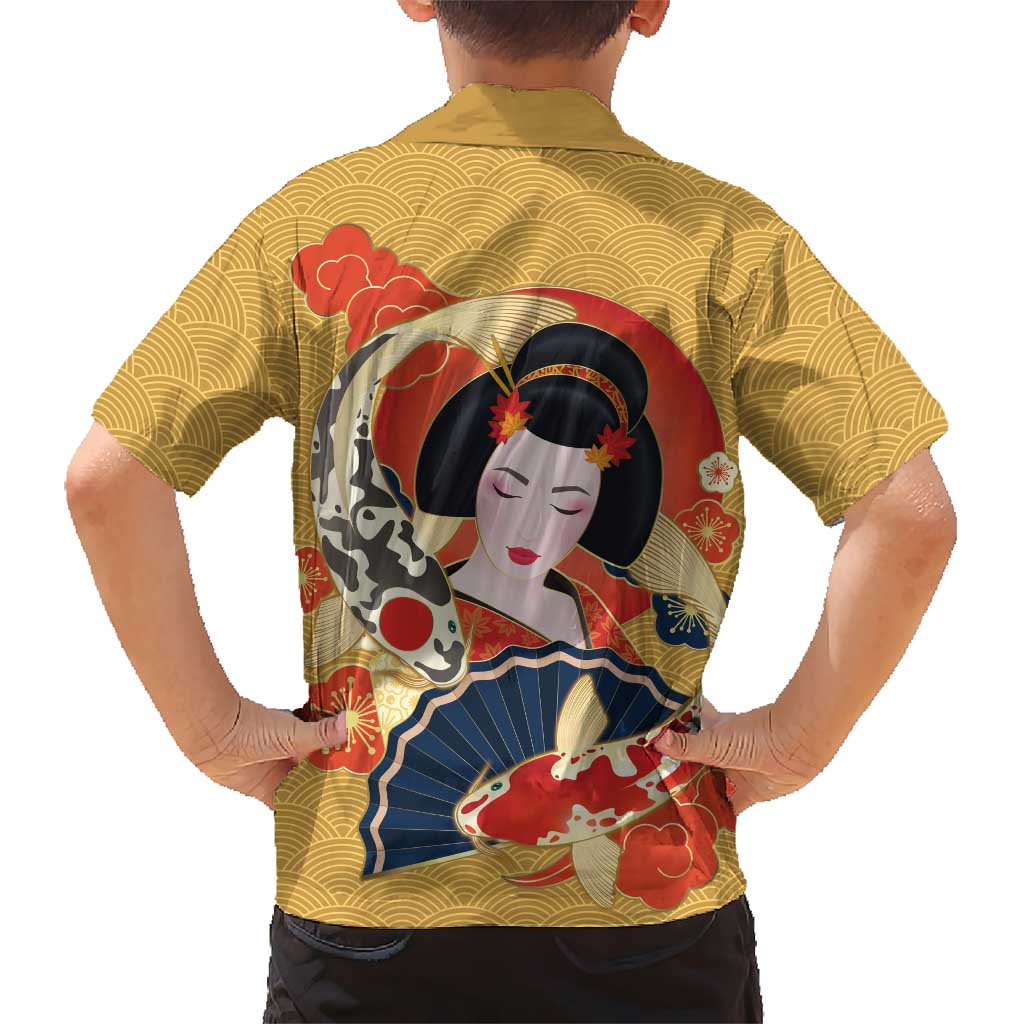 Japanese Geisha Koi Fish Family Matching Off The Shoulder Long Sleeve Dress and Hawaiian Shirt Cherry Blossoms Yellow Seigaiha Pattern - Polynesian Pride