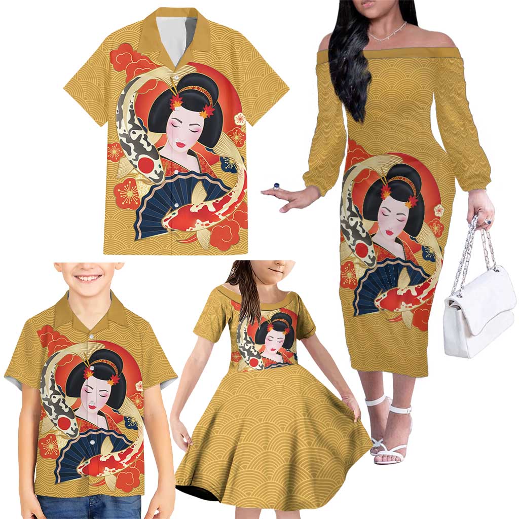 Japanese Geisha Koi Fish Family Matching Off The Shoulder Long Sleeve Dress and Hawaiian Shirt Cherry Blossoms Yellow Seigaiha Pattern - Polynesian Pride