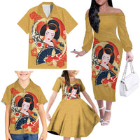 Japanese Geisha Koi Fish Family Matching Off The Shoulder Long Sleeve Dress and Hawaiian Shirt Cherry Blossoms Yellow Seigaiha Pattern - Polynesian Pride