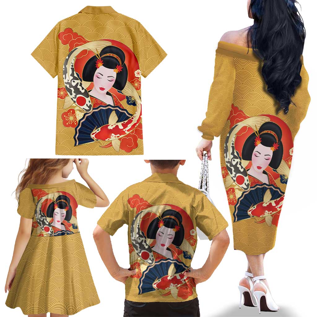 Japanese Geisha Koi Fish Family Matching Off The Shoulder Long Sleeve Dress and Hawaiian Shirt Cherry Blossoms Yellow Seigaiha Pattern - Polynesian Pride