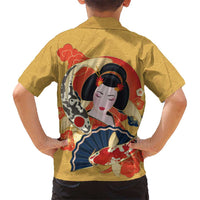 Japanese Geisha Koi Fish Family Matching Off Shoulder Maxi Dress and Hawaiian Shirt Cherry Blossoms Yellow Seigaiha Pattern - Polynesian Pride