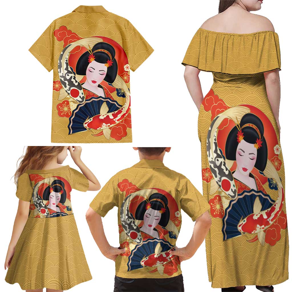 Japanese Geisha Koi Fish Family Matching Off Shoulder Maxi Dress and Hawaiian Shirt Cherry Blossoms Yellow Seigaiha Pattern - Polynesian Pride
