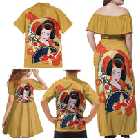 Japanese Geisha Koi Fish Family Matching Off Shoulder Maxi Dress and Hawaiian Shirt Cherry Blossoms Yellow Seigaiha Pattern - Polynesian Pride