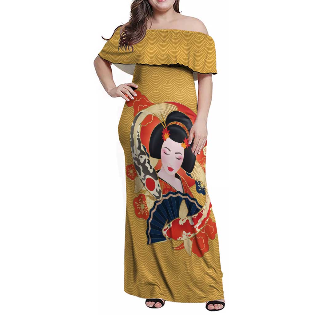 Japanese Geisha Koi Fish Family Matching Off Shoulder Maxi Dress and Hawaiian Shirt Cherry Blossoms Yellow Seigaiha Pattern - Polynesian Pride