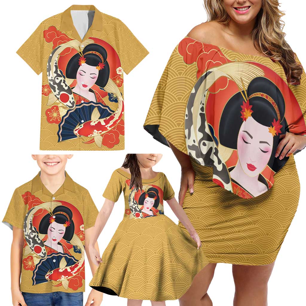 Japanese Geisha Koi Fish Family Matching Off Shoulder Short Dress and Hawaiian Shirt Cherry Blossoms Yellow Seigaiha Pattern - Polynesian Pride