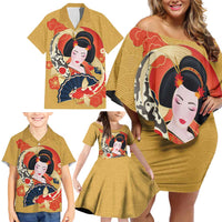 Japanese Geisha Koi Fish Family Matching Off Shoulder Short Dress and Hawaiian Shirt Cherry Blossoms Yellow Seigaiha Pattern - Polynesian Pride