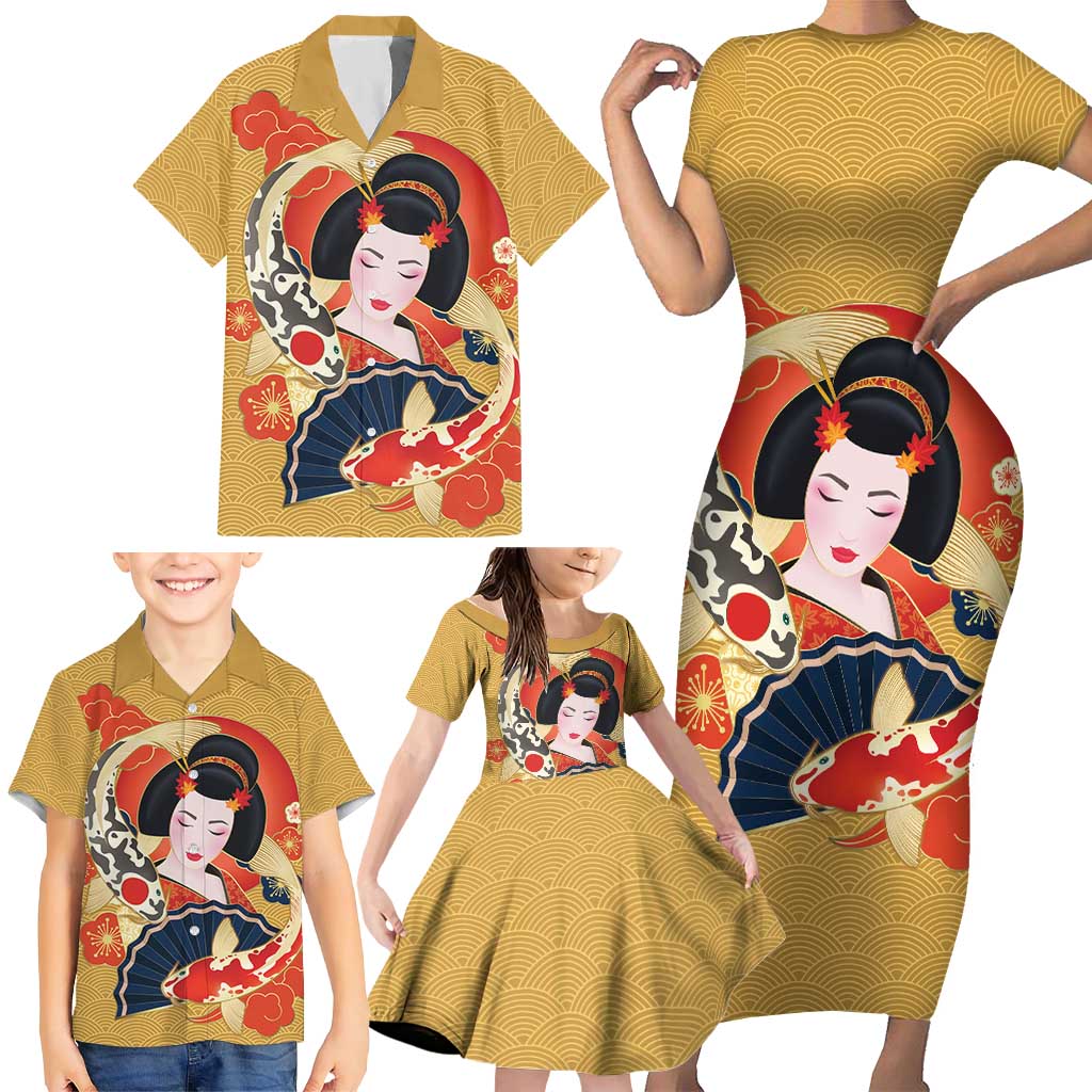 Japanese Geisha Koi Fish Family Matching Short Sleeve Bodycon Dress and Hawaiian Shirt Cherry Blossoms Yellow Seigaiha Pattern - Polynesian Pride