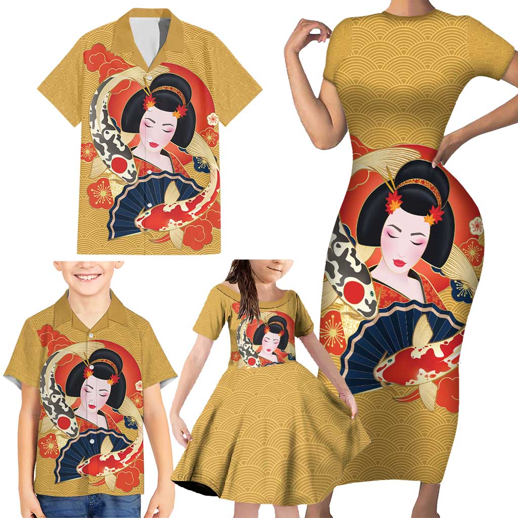 Japanese Geisha Koi Fish Family Matching Short Sleeve Bodycon Dress and Hawaiian Shirt Cherry Blossoms Yellow Seigaiha Pattern - Polynesian Pride