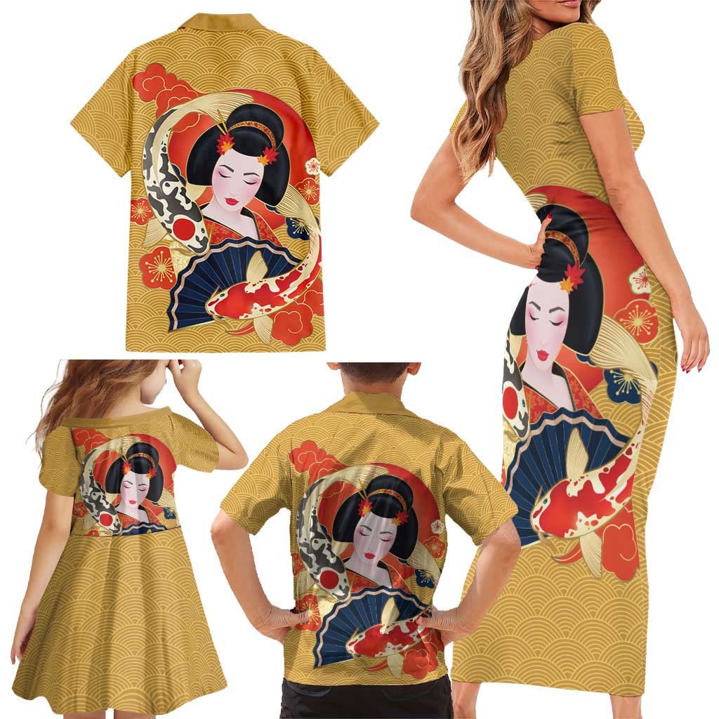 Japanese Geisha Koi Fish Family Matching Short Sleeve Bodycon Dress and Hawaiian Shirt Cherry Blossoms Yellow Seigaiha Pattern - Polynesian Pride
