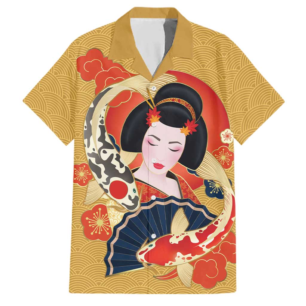 Japanese Geisha Koi Fish Family Matching Short Sleeve Bodycon Dress and Hawaiian Shirt Cherry Blossoms Yellow Seigaiha Pattern - Polynesian Pride