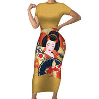 Japanese Geisha Koi Fish Family Matching Short Sleeve Bodycon Dress and Hawaiian Shirt Cherry Blossoms Yellow Seigaiha Pattern - Polynesian Pride